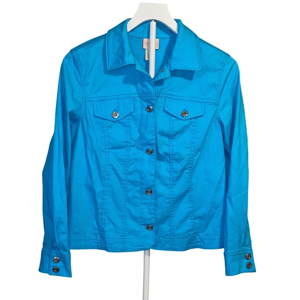 Coral Bay Petite Turquoise Blue Button Front Denim Style Jacket PM